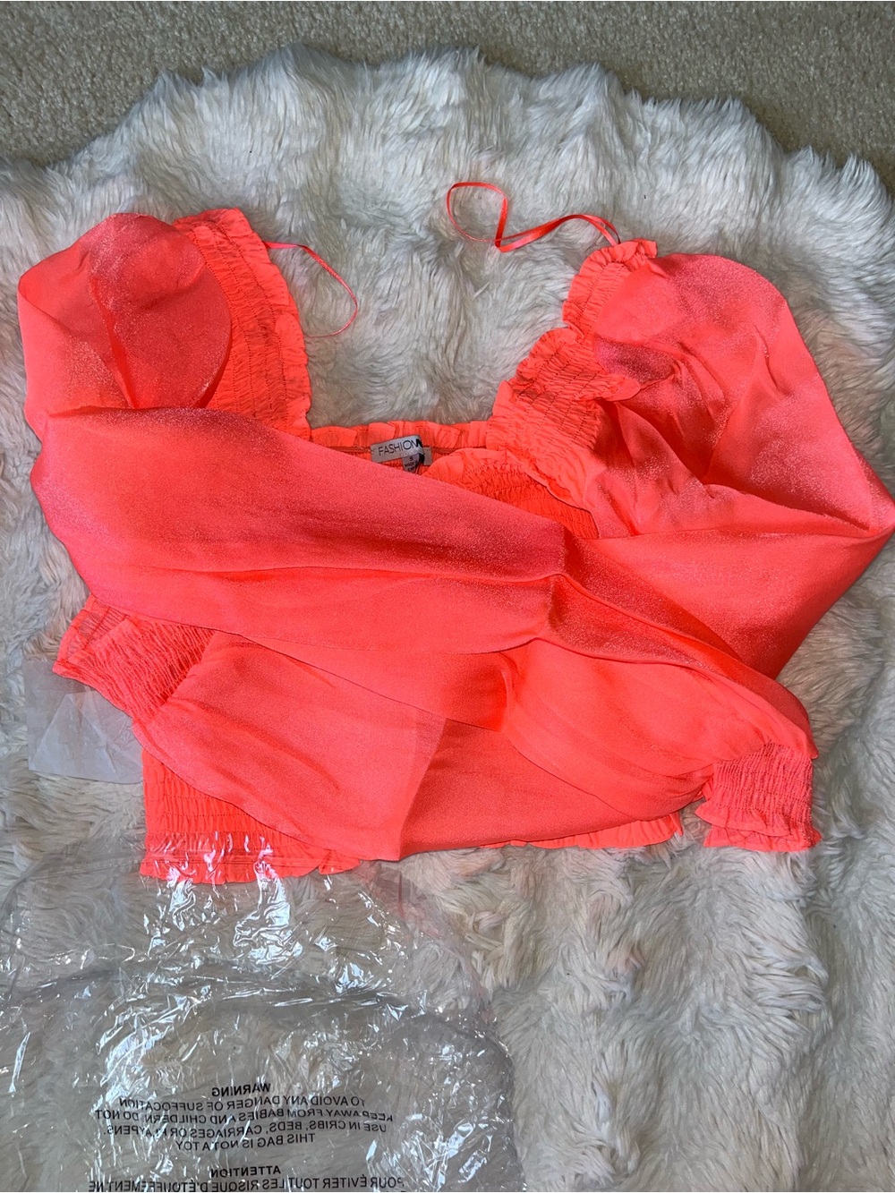 ✨NWT Fashion Nova Neon Coral Sheer Long Puff Sleeve Sheen Smocked Crop Top